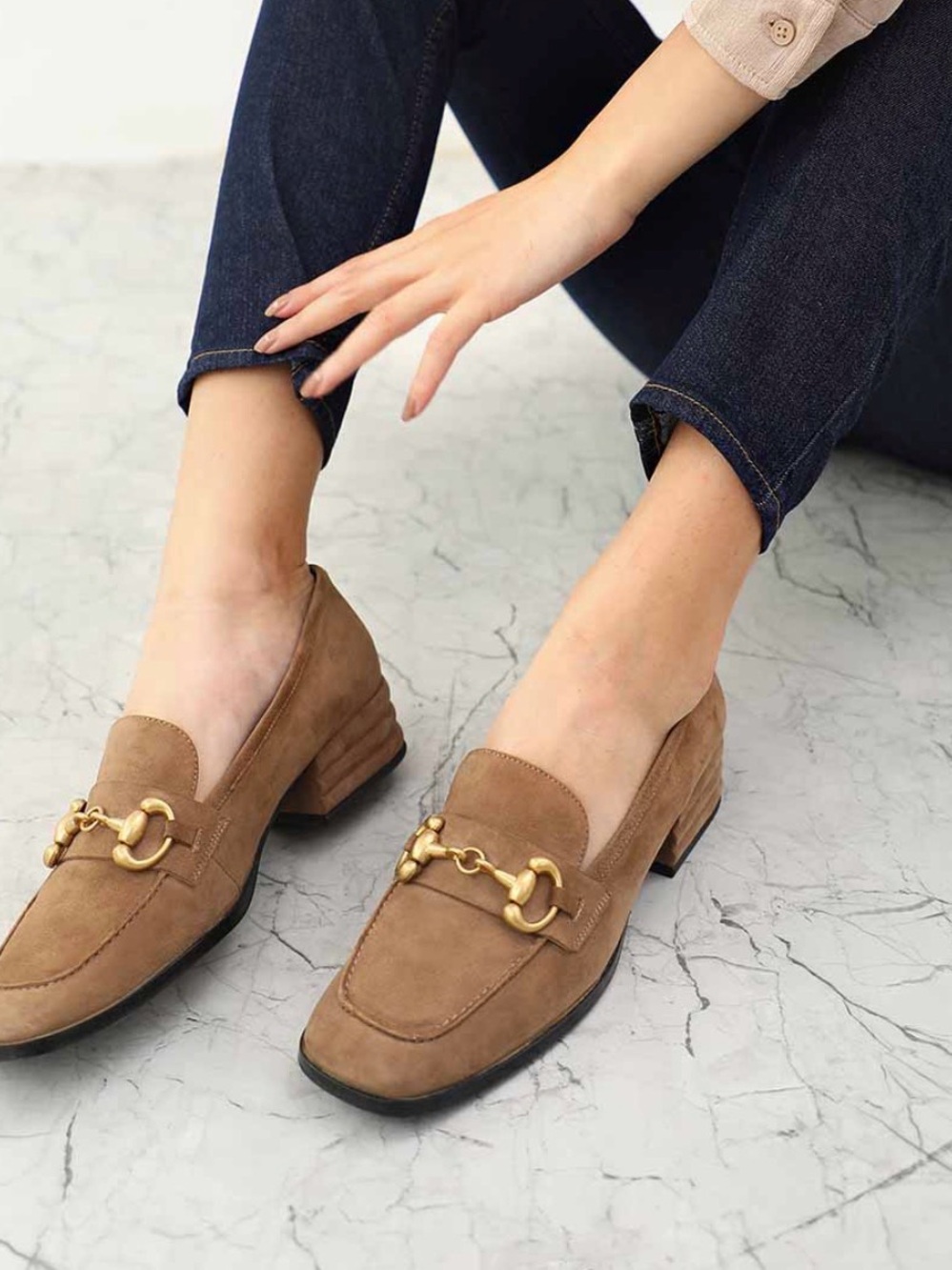 Saint - Jenny Suede Taupe Suede Leather Loafers with Gold Detail